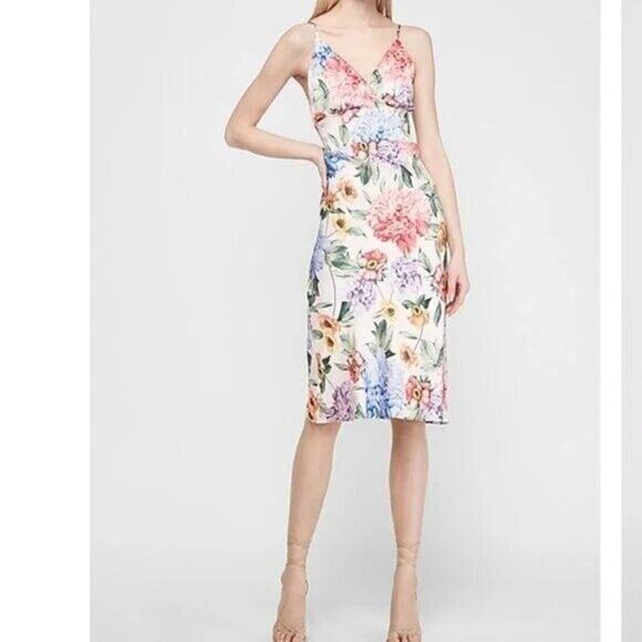 Express Satin Floral Dress Midi Dress Strapless Small Ruched Back - Picture 2 of 9